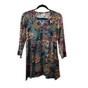 Parsley & Sage Floral Paisley Bright Colors 3/4 Sleeve Lettuce Trim Tunic Top S